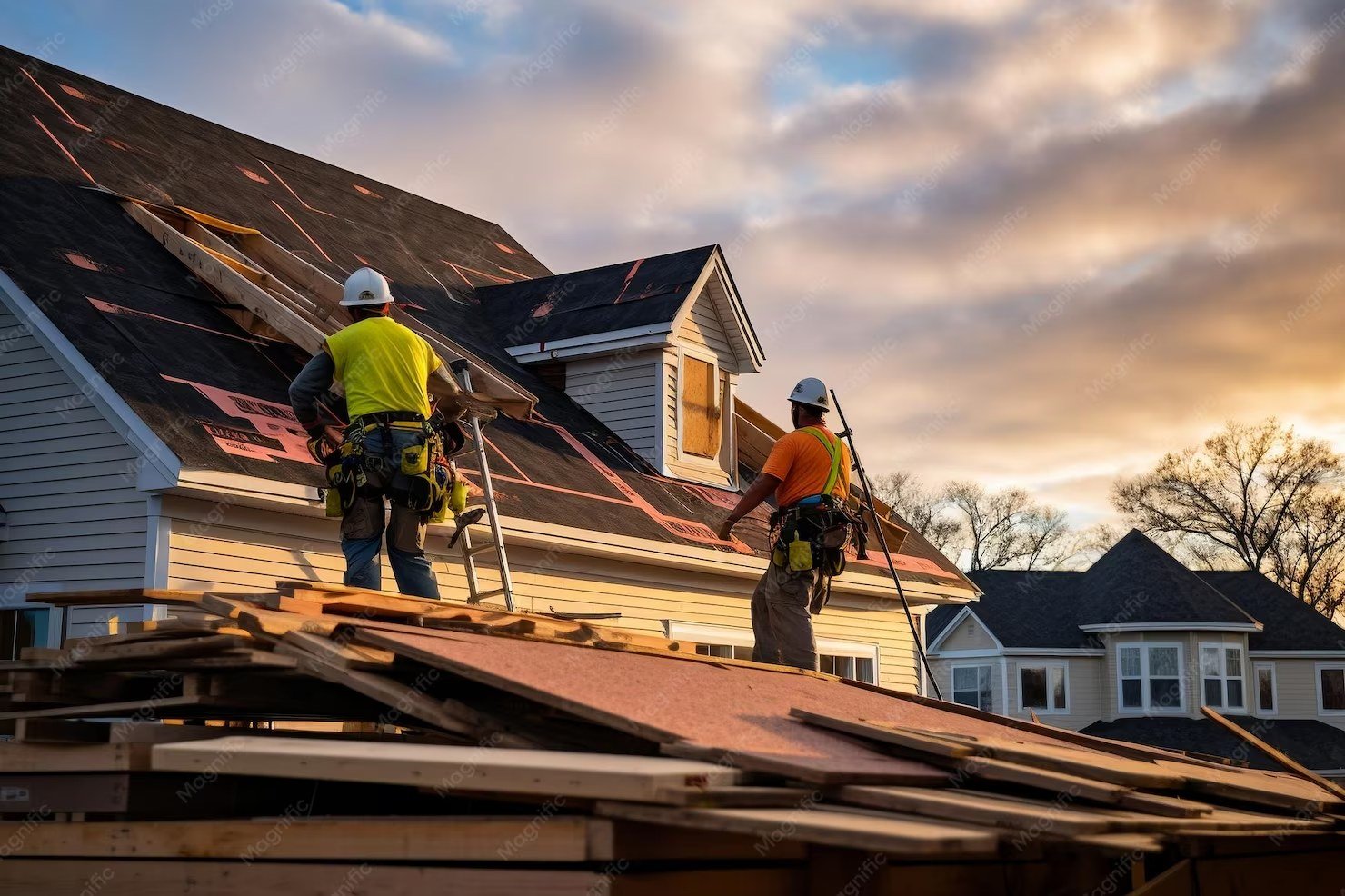 Summit Roofing crew installing a new roof at golden hour