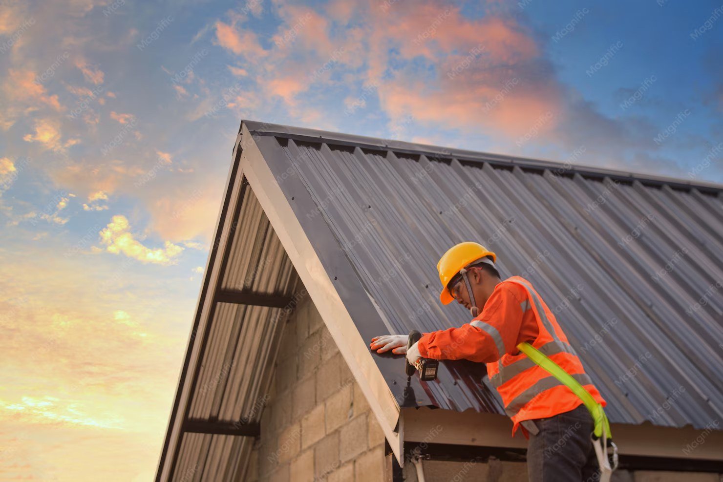 Summit roofer finishing a roof at sunset